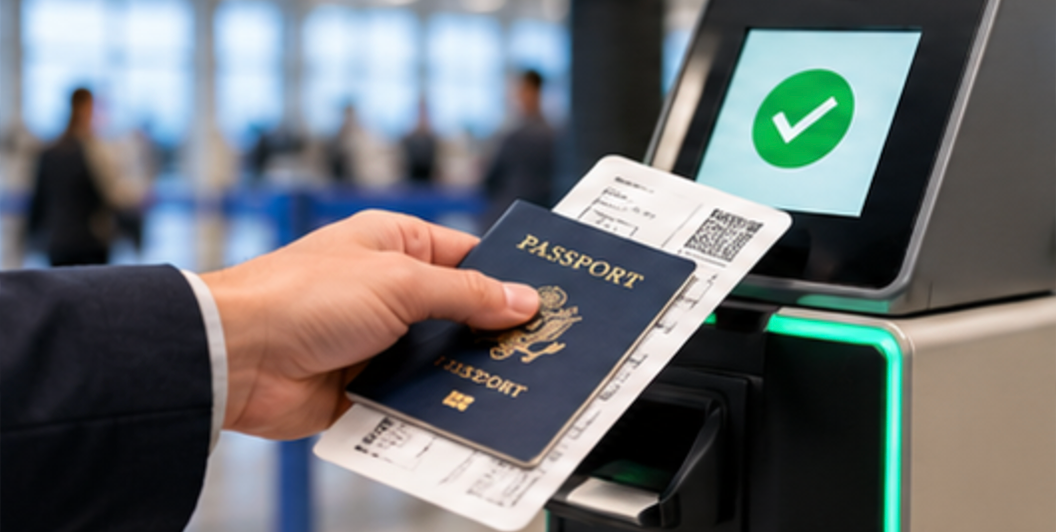 Traveler presenting identification and boarding pass at an airport security checkpoint