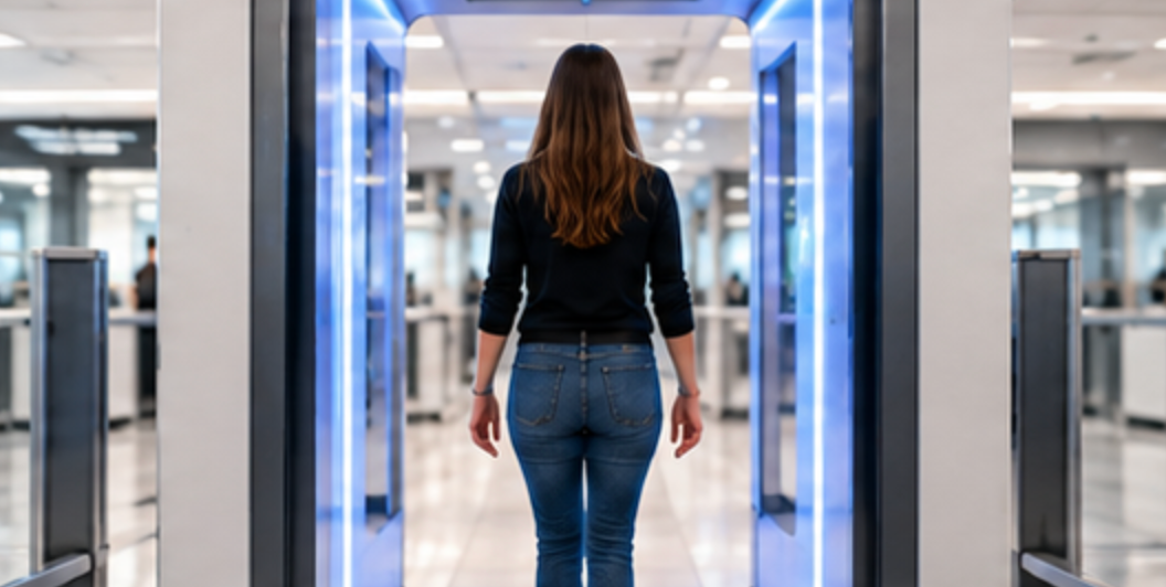 Traveler walking through a modern airport security scanner