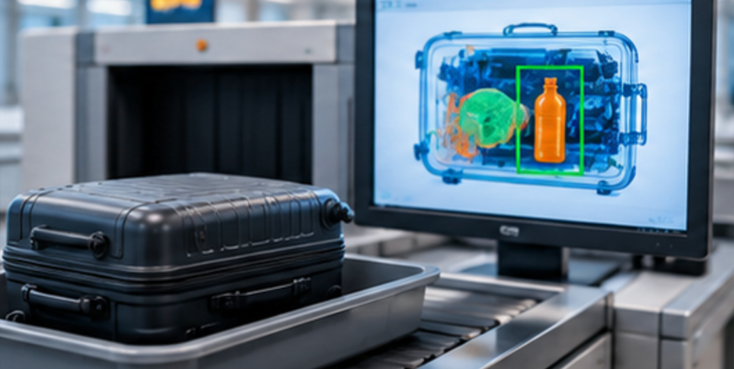 Suitcase passing through an airport baggage screening scanner